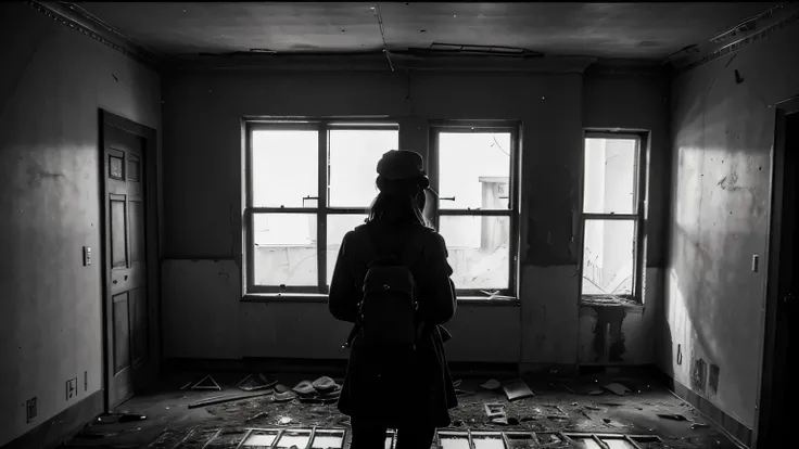 
a woman with a camera in front of a window, dentro de uma casa abandonada em um quarto com escadas para o segundo andar, sujo, velho, Empoeirado, escuro ((monochrome)), ((escuro)), feio:5, ProfundoNegativo