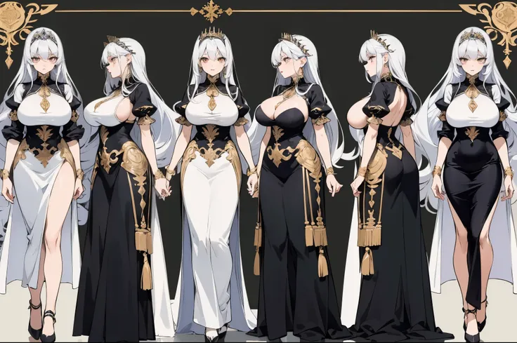 ((masterpiece, top quality)), detailed face, character sheets, full body, full of details, Multiple poses and expressions, highly detailed, Depth, many parts, 1 beautiful mature woman (huge breasts) very long silver hair and silky, silver eyes, red lips, a...