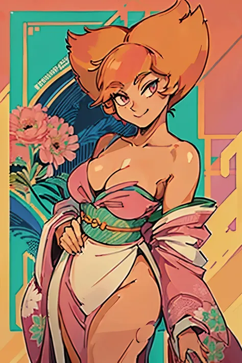 chica de ojos grandes, ((kimono)), big breasts, (2d line:1.3), hestia ((alone)) ((only)) ((neckline)) sexy smile, orange hair