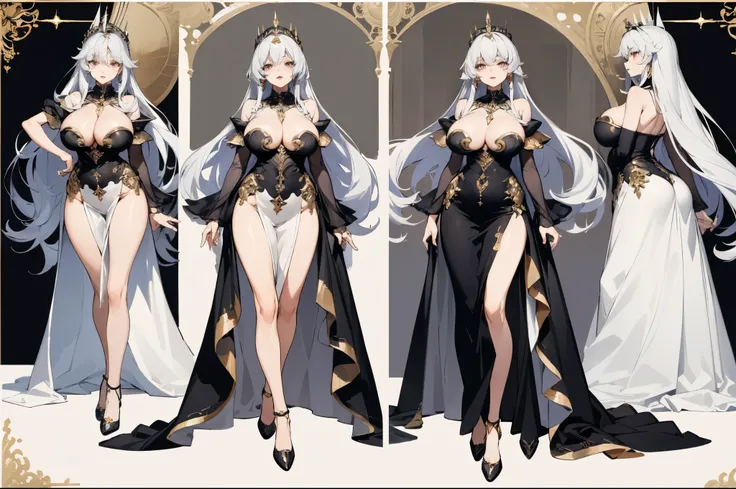 ((masterpiece, top quality)), detailed face, character sheets, full body, full of details, Multiple poses and expressions, highly detailed, Depth, many parts, 1 beautiful mature woman (huge breasts) very long silver hair and silky, silver eyes, red lips, a...