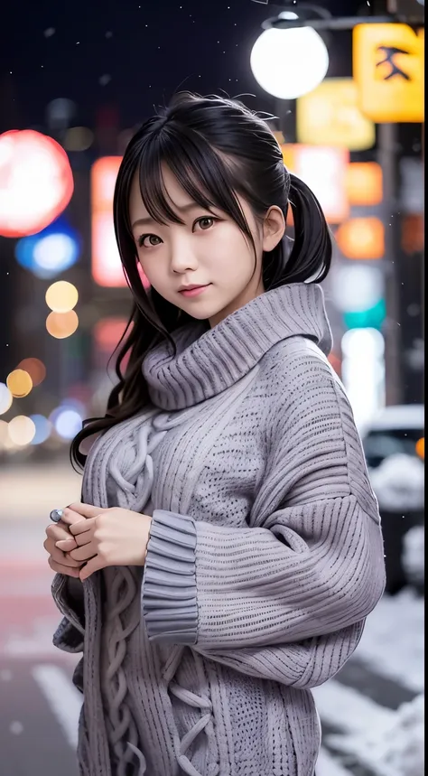 stand in front of the night city, japanese woman,  (oversized knitted sweater:1.3), snowing, pupils sparkling, silver long hair, depth of field, f/1.8, anatomically correct, textured skin, super detail, high details, high quality, super detail, high detail...