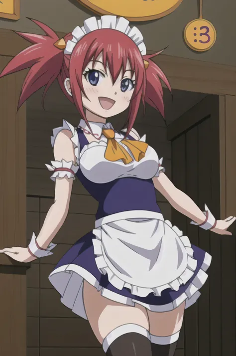 (((sherria))), fairy tail, anime art style, 1girl, solo, dressed, looking at viewer, maid outfit, hair_ornament, blushing, hair_...