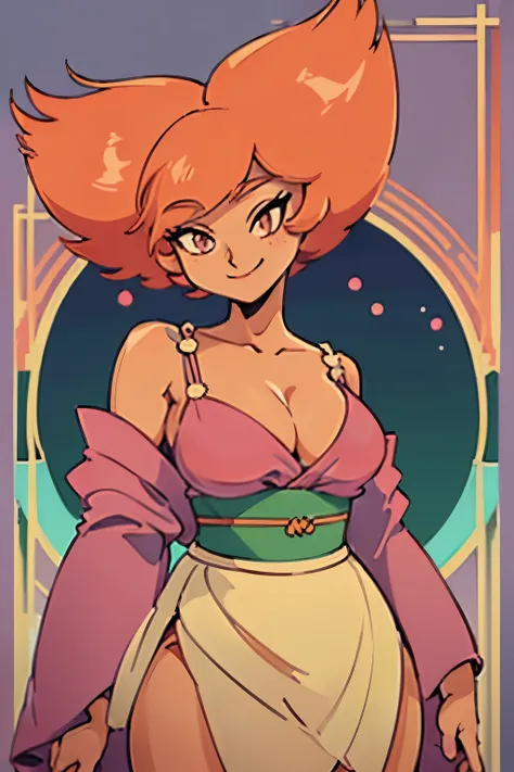 chica de ojos grandes, ((kimono)), big breasts, (2d line:1.3), hestia ((alone)) ((only)) ((neckline)) sexy smile, orange hair