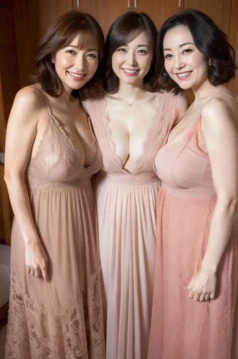 three women,see-throughナイトガウン,see-through,t-back,cleavage,bbw,big breasts,grin and laugh, very detailed and beautiful,attractive...