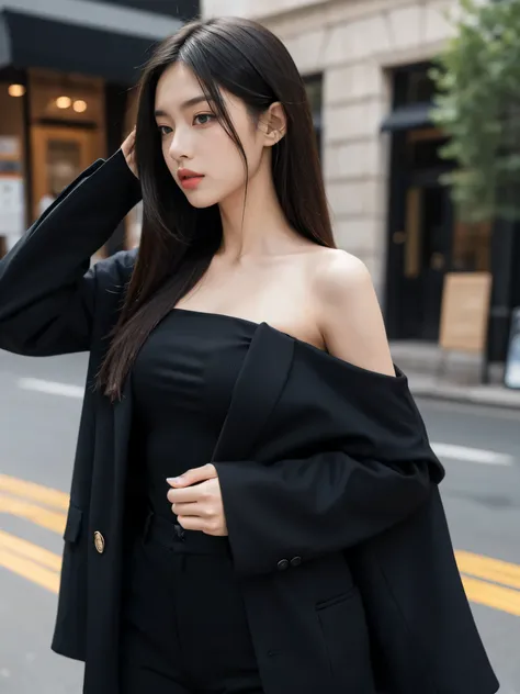 best quality,masterpiece,ultra high resolution,(actual:1.4),original photo,ultra high definition，8k，there is a girl，fashionable clothes,Cool outfit，Long black over-the-shoulder hair，straight hair，Stylish skinny suit, high-class fashion，cool and trendy