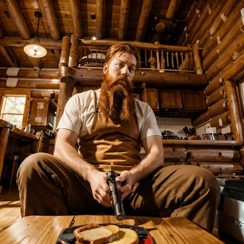 Red head with beard living in a log kayak house eating pancakes and playing gangbeast an Xbox game. He is sitting in the back of his house 