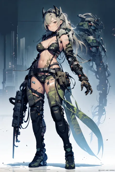 Beautiful woman in a slingshot bikini with camo patterns, mechanical bikini with camo patterns, tattered military gear, mechanized soldier girl, oversized mechanical exoskeleton oversized arms and legs with camo patterns, inspired by Masamune Shirow, girl ...