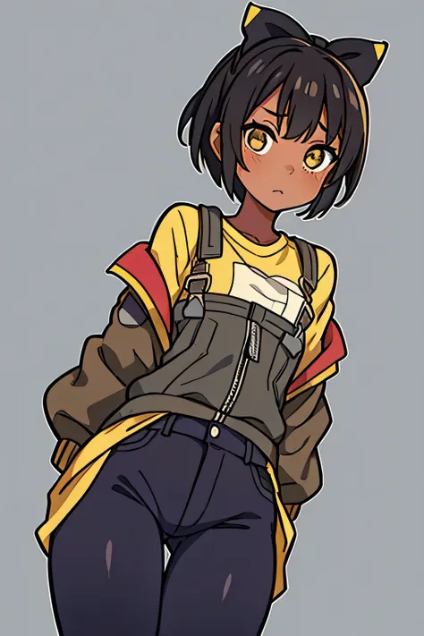 (chica solitaria 1.2), piel oscura, ojos ambar, Camisa amarilla, jeans negros, short hair with a dark brown color, detailed eyes in high definition. She is depicted in the Evangelion Anatomy style as a young woman on a gray background... Her expression is ...