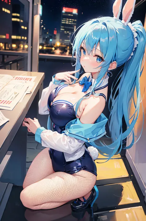 4K,High resolution,one woman,blue hair,long ponytail,big breasts,Bunny girl,ハイレグで食い込んでる白色のBunny girlの服,Blue fishnet stockings,city of the future