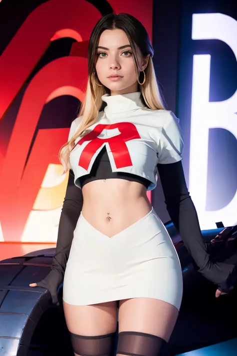 juliaaburch, a woman wearing team rocket,team rocket uniform,white skirt,red letter r,crop top,black thigh-highs,black elbow glo...