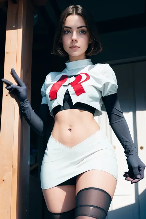 juliaaburch, a woman wearing team rocket,team rocket uniform,white skirt,red letter R,crop top,black thigh-highs,black elbow gloves,