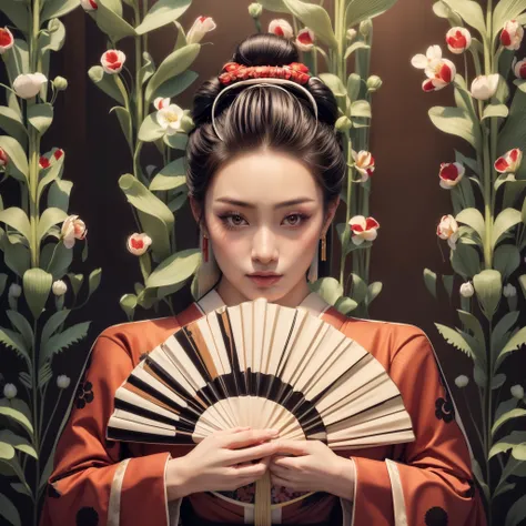 A beautiful geisha with black hair with a bun, pale silky skin with makeup, beautiful eyes, beautiful lips, wearing earrings, wearing a red flowery kimono, holding a fan, and in the background beautiful wildflowers, photorealistic flower field geisha, eleg...