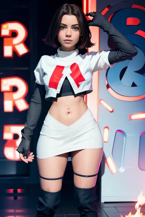 juliaaburch, a woman wearing team rocket,team rocket uniform,white skirt,red letter r,crop top,black thigh-highs,black elbow glo...