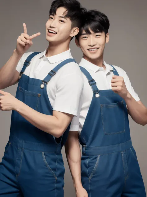 muscular boy in navy blue and white overalls with right thumb raised 