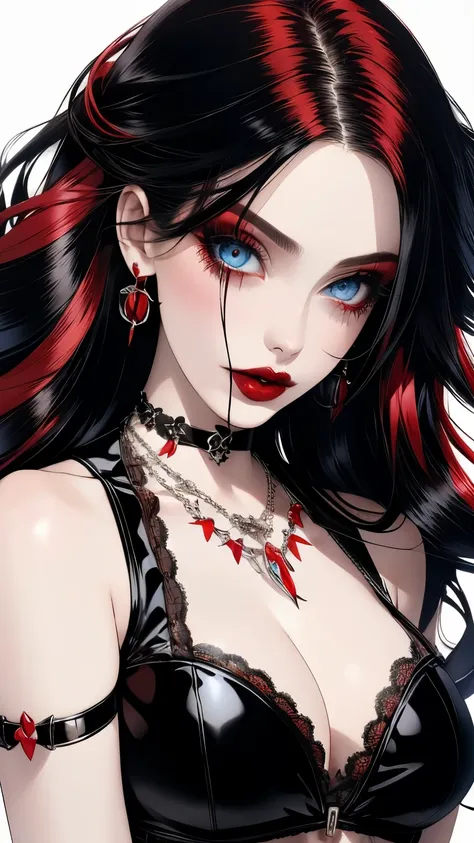 (((1milf gothpunk girl))), red hair, solo, necklace, long hair, ((blue eyes)), red lips, hair ornament, flower, black flower, pearl necklace, portrait, lipstick, makeup, , , pale skin,(cleavage), ((large breasts)),,(mature female:1.16), (sexual, seduce),,(...