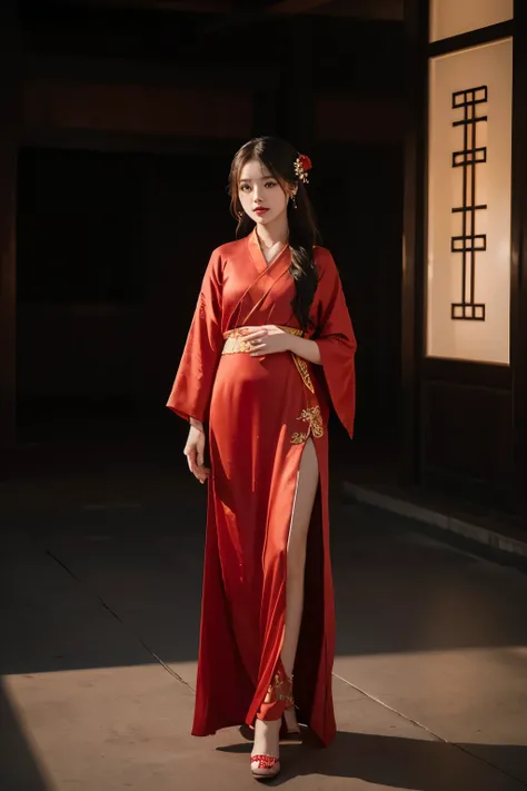 Best quality, masutepiece, A high resolution, 1girl in, shooting full body,China Hanfu,Chinese architect background, Red scarf, hair adornments,necklace, jewelry,Beautiful face,Insert a into_Body, Tindall effect,Photorealistic, Dark Studio, rim lit, twoton...