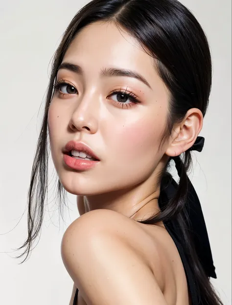 Un primer plano de una mujer con cabello largo y negro con una blusa negra, jennie rosa negro, maquillaje coreano popular, maquillaje popular de corea del sur, joven y adorable rostro coreano, hermosa mujer surcoreana, gongbi, hermosa joven coreana, rasgos...