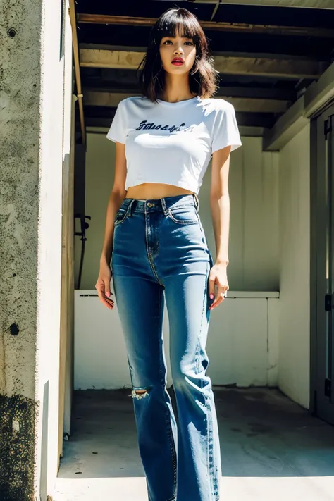 Lisa long hair, Lisa face shape, American retro sportswear, short tight slip T-shirt, digital print, long denim ripped pants, long legs, standing pose, masterpiece, superlative, realistic, HD, natural sunlight, 16k