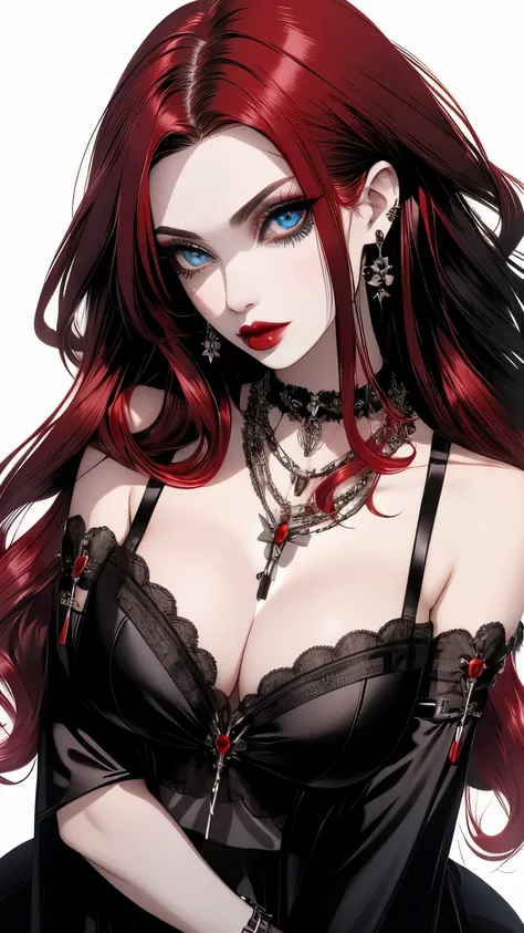 (((1milf gothpunk girl))), red hair, solo, necklace, long hair, ((blue eyes)), red lips, hair ornament, flower, black flower, pearl necklace, portrait, lipstick, makeup, , , pale skin,(cleavage), ((large breasts)),,(mature female:1.16), (sexual, seduce),,(...