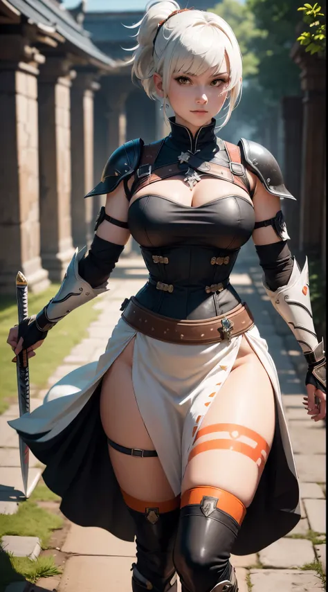 gwen tennyson,1girl,tracer,yorha 2b,rebecca chambers,overwatch,atelier ryza,close up,feudal castle ruins,tattoos,orange and white samurai armor,white short sleeve feudal top,lotus jewelry,long knight skirt,harness corset,long samurai ponytail hair,punk mak...