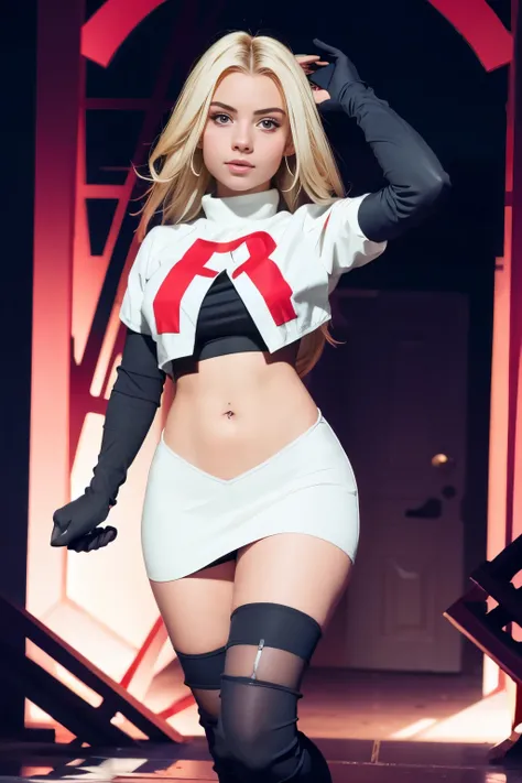 juliaaburch, a woman wearing team rocket,team rocket uniform,white skirt,red letter R,crop top,black thigh-highs,black elbow gloves,