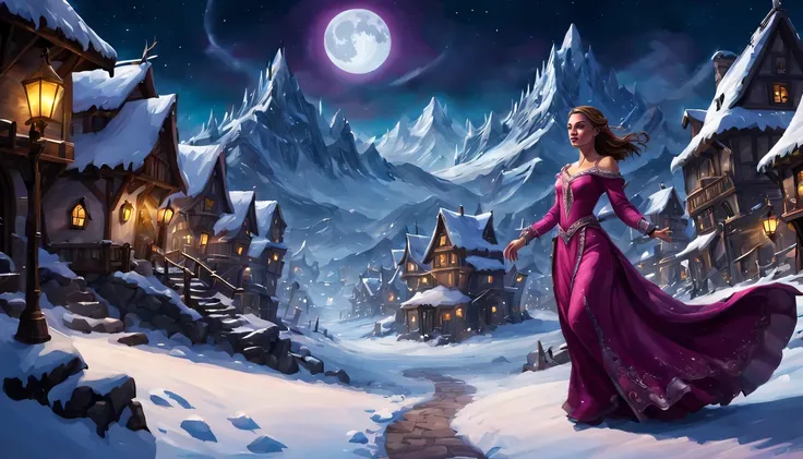 Graceful and fluttering nymph, "Natalie Portman com vestido Magenta longo", caminhando a noite, and with a night sky with moon over snowy mountains, Arte conceitual de inverno, blizzard Arte conceitual de Hearthstone, arte de fundo, arte conceitual estiliz...