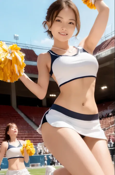 ((highest quality, 8K, photo-realistic:1.4, masterpiece)), Backlight, high kick、white panties、脚を高くhigh kickwhite pantiesを見せています、Woman with highly detailed facial texture, 18-year-old, (((Caucasian cheerleaders:1.2))), ((stadium background: 1.2)), raise you...