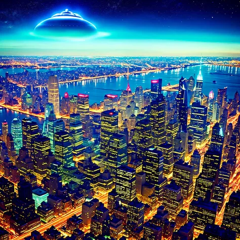 new york in the future, planet above the city, ufo, aliens, space ship, relampagos no ceu,