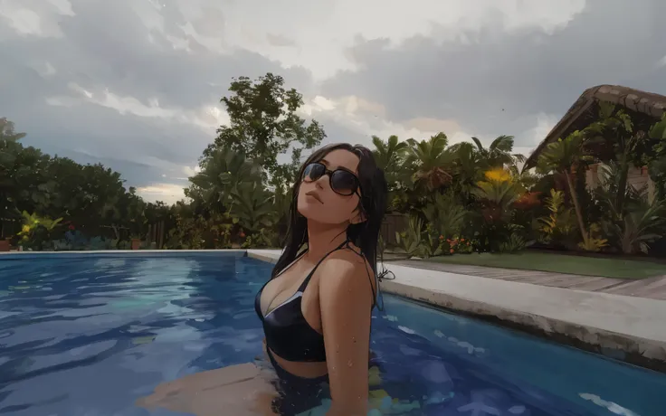 hay una mujer en bikini negro sentada en una piscina, sentado en la piscina, en una piscina de lujo, al lado de una piscina, junto a una piscina tropical, paradise in the background, en una piscina, disparado con gopro9, sentado en el borde de la piscina, ...