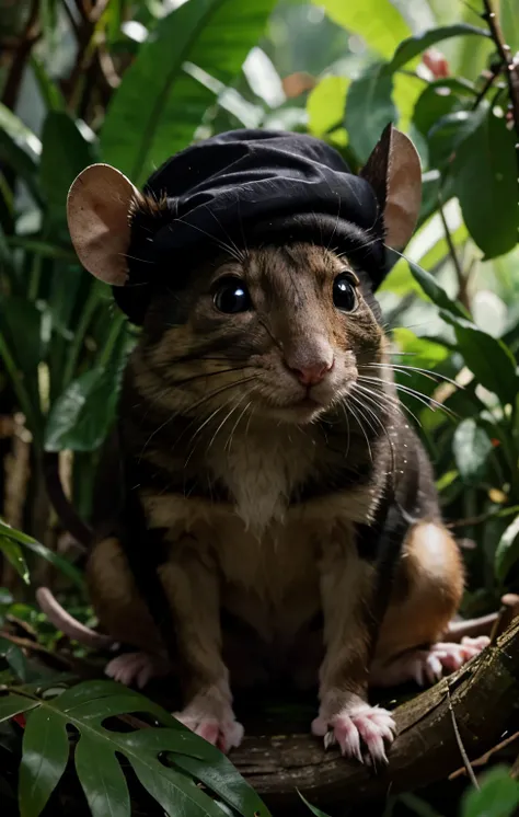 Mouse, french hat, high quality in jungle, 4k, hdr, realistic, animal