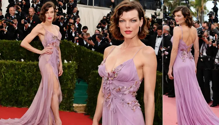 Graceful and fluttering nymph, "Milla Jovovich com vestido Roxo claro longo",  caminhando perto de uma cabana, com petalas de cerejeiras voando ao fundo.