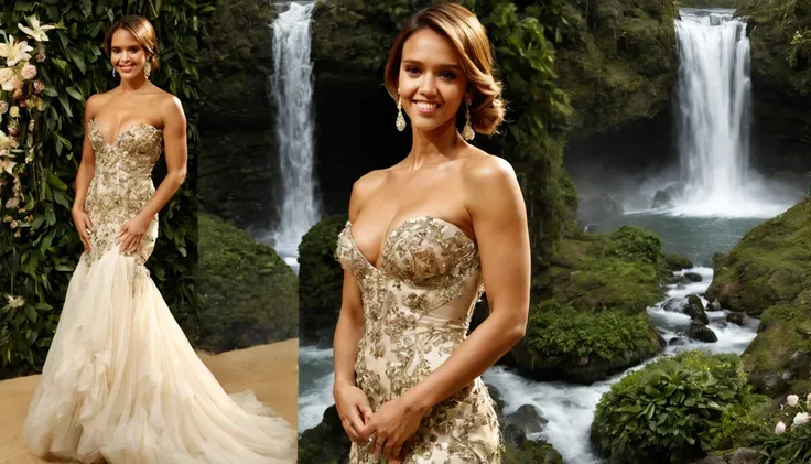 beautiful girl "Jessica Alba", vestido de corpo inteiro, Vestido de seda na cor Bexe delicado e lindo, caminhando perto de uma enorme cachoeira, with several waterfalls, e com muitas flores em volta.