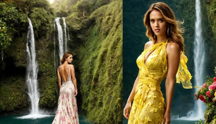 beautiful girl "Jessica Alba", vestido de corpo inteiro, Vestido de seda na cor Bexe delicado e lindo, caminhando perto de uma enorme cachoeira, with several waterfalls, e com muitas flores em volta.