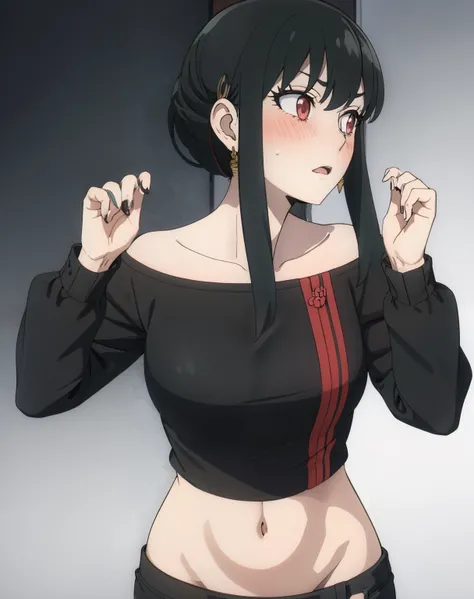 yor briar, sad, off shoulder, black clothes, hands up, side boobs, cleavage, navel, black haor, hair ornament, hand behind back, blush, white splash background, short pants