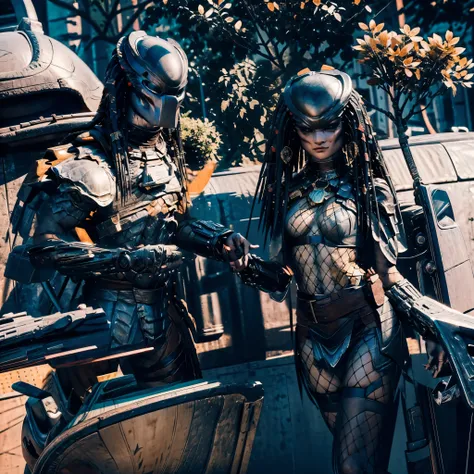 Metropole Yautja Predator (Predator`s Planet) radiant Nebulae stars hyper borealis starry_sky shootingstar vivid sunset panoramic sunrise epic sunshine (Predator from the movie) wearing heavy sexy armors outfit leather, Predator riding a horse palefroi jum...