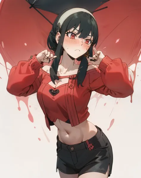 yor briar, sad, off shoulder, black clothes, hands up, side boobs, cleavage, navel, black haor, hair ornament, hand behind back, blush, white splash background, short pants