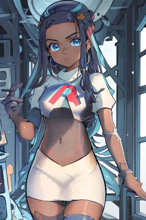 ((masterpiece,best quality)),  absurdres,
nessa_pokemon, 
1girl, solo, dark skin, blue eyes, black hair, blue hair, two-tone hai...