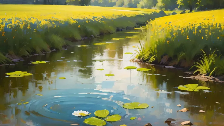 summer, oil painting style, flower field, clear small pool, Heaven, large clouds, blue sky, The weather is hot, HD details, Ultra-detailed, Normal, soft light, Deep field focus bokeh，flower plain，红色壮观的大片flower field