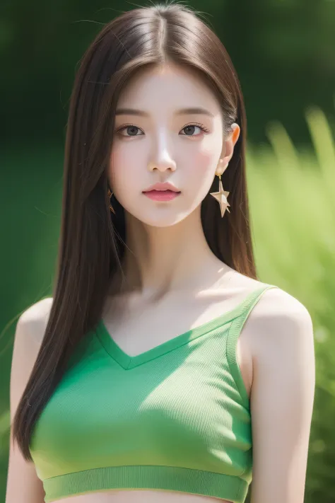 Real photos of cute Korean stars, straight hair, white skin, light makeup, chest measurement 32 inches, wear a green crop top, Windmill in the background, close-up portrait, Ghibli-like colors, UHD