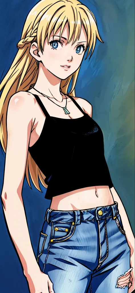 (highest quality,4K,8K,High resolution,table top:1.2), super detailed, (realistic,photorealistic,photo-realistic:1.37), ((face close-up)),rage, Unfortunate,((blonde hair)), ((long hair)),black camisole, damaged denim jeans,necklace,raise your right hand,be...