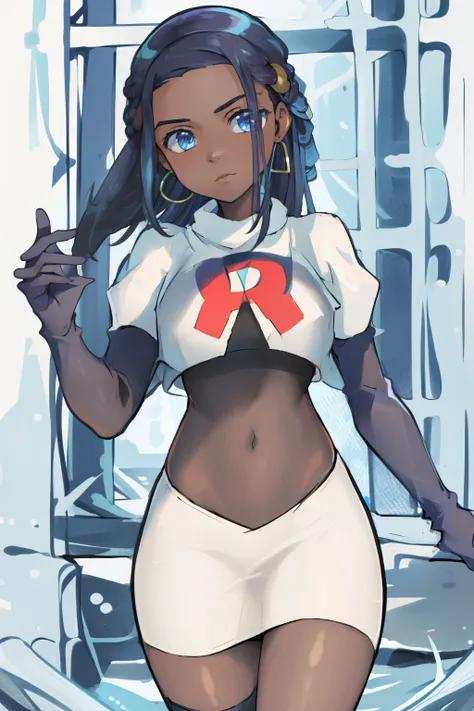 ((masterpiece,best quality)),  absurdres,
nessa_pokemon, 
1girl, solo, dark skin, blue eyes, black hair, blue hair, two-tone hai...