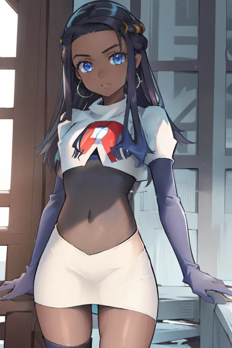 ((masterpiece,best quality)),  absurdres,
Nessa_Pokemon, 
1girl, solo, dark skin, blue eyes, black hair, blue hair, two-tone hair, earrings, 
solo, looking at viewer, cowboy shot, team rocket,team rocket uniform,white skirt,red letter R,crop top,black thig...