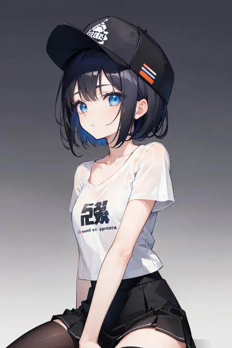 1girl, solo, blue eyes, (detailed eyes), flat chest, short hair, black hair, baseball cap, white cap, ((black t-shirt)), simple t-shirt, black skirt, black socks, standing, upper body, (white background), dark, Transparent background, looking down, ((maste...