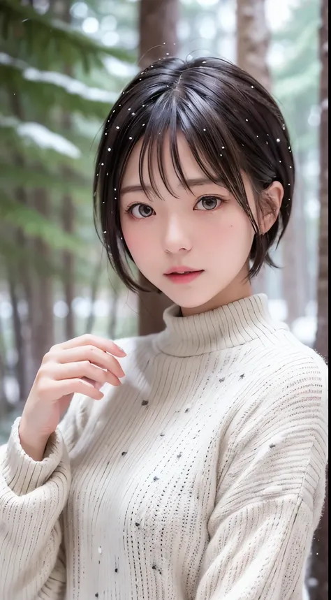 in the snowy forest, japanese girl, wniter knit sweater, snowing,pupils sparkling, silver short hair, realistic portrait, depth ...