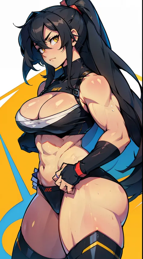 muscular girl thick breasts black hair yellow eyes pale skin best quality sad frown thick long hair hair between eyes