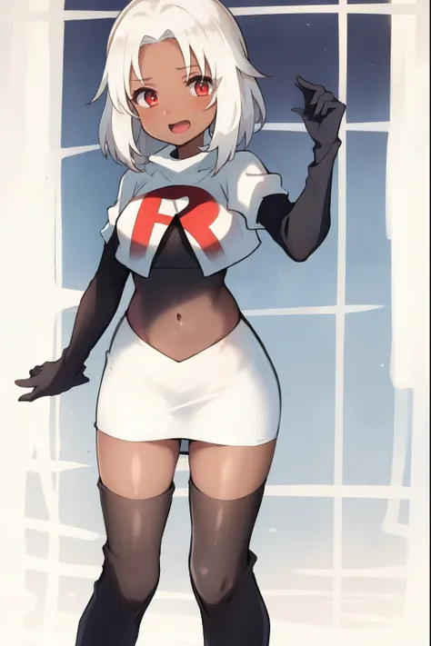 absurdres,masterpiece, best quality, highres, high quality, 1girl, dark skin,team rocket,team rocket uniform,white skirt,red letter R,crop top,black thigh-highs,black elbow gloves,