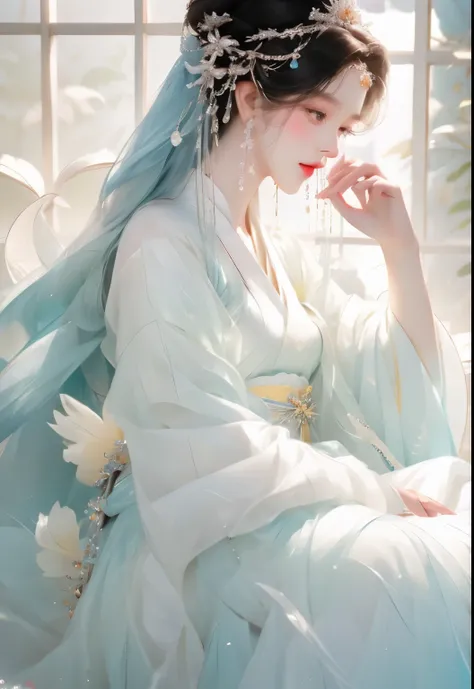 close-up of a woman wearing a skirt and tiara, palace ， a girl wearing hanfu, ((beautiful fantasy queen)), beautiful fantasy que...