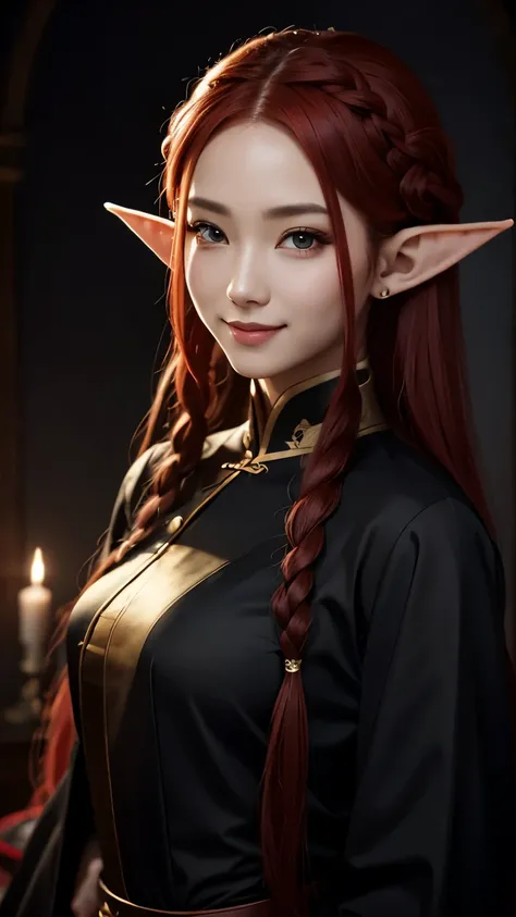 An elf woman with long braided red hair, Cat eyes, Smiling thin lips, Simple makeup, Wearing plain black Chinese clothes, Covered clothes, Looking at the viewer, Half body photoshoot, Detailed eyes, Highres, Masterpiece.