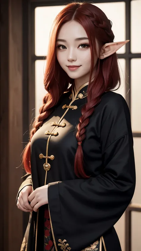 An elf woman with long braided red hair, Cat eyes, Smiling thin lips, Simple makeup, Wearing plain black Chinese clothes, Covered clothes, Looking at the viewer, Half body photoshoot, Detailed eyes, Highres, Masterpiece.