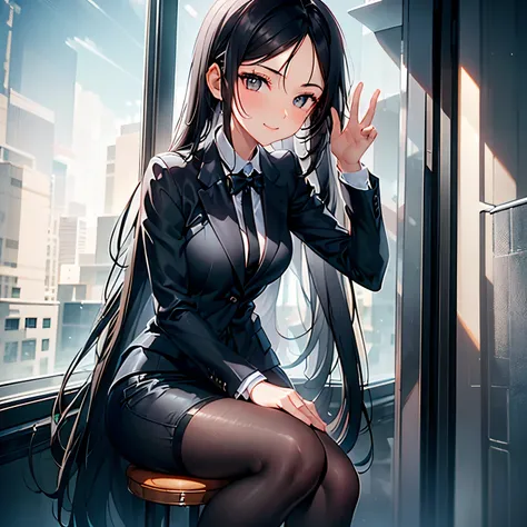 1girl, long black hair, grey eyes, wearing business suit, looking at viewer, 5 fingers, black tie, cute, saying hi